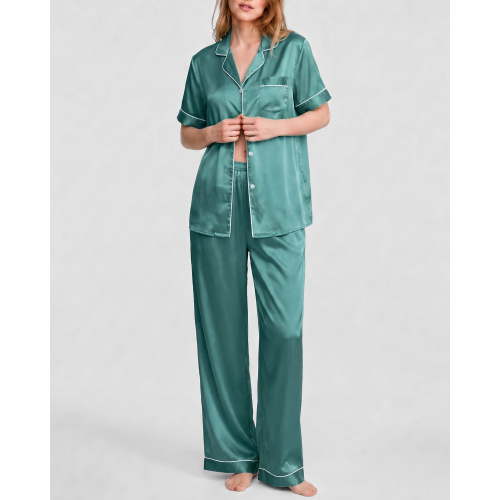 DAKIMOE Silk Satin Pajamas Set for Women Two-Piece Short Sleeve Shirt with Long Pajama Pant Set Soft Button Down Loungewear Nightwear Pjs Sleepwear for Women