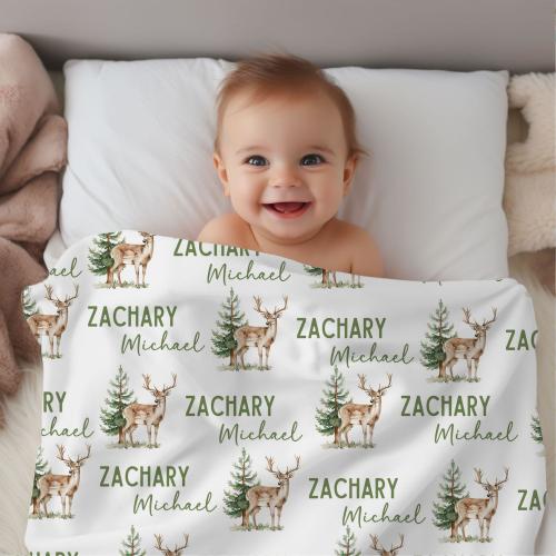 Deer Baby Blanket, Woodland Baby Name Blanket, Personalized Swaddle Blanket, Deer Hunting Baby Blanket, Hunting Baby, Forest Animal Blanket