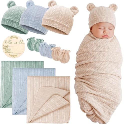 BQUBO 3 Sets Baby Swaddle Blankets Swaddling Wrap with Hats Mittens Newborn Soft Silky Nursery Receiving Blanket Cute Bear Ears Hat Elastic Gloves Set for Unisex Baby 0-3 Months