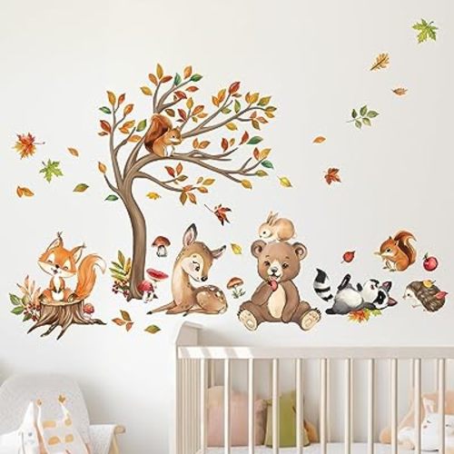 decalmile Woodland Animals Tree Wall Decals Bear Fox Deer Autumn Leaves Wall Stickers Baby Nursery Kids Bedroom Living Room Wall Decor