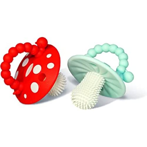 RaZbaby Chompy Teether – Soft Silicone Teething Toy for Infants & Babies 3M+, Massaging Bristles for Teething Relief, Hands-Free & Easy to Hold, Sensory Development, BPA-Free - Great Gift - Red/Blue