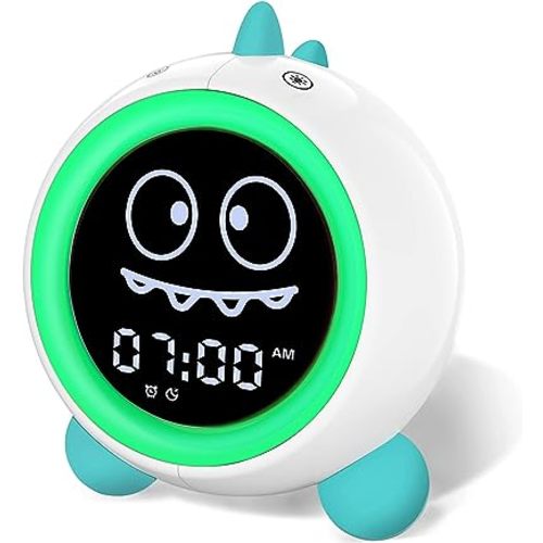 Kids Alarm Clock, Toddler Sleep Training Clock with Night Lights, Sound Machine, Time to Wake Dinosaur Alarm Clock for Children, Gift Ideas for Kids Toddler Boy Girl (Green)