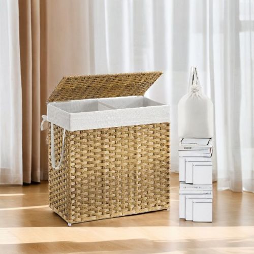 130L Double Laundry Hamper with Lid Clothes Hamper with 2 Removable Liner Bags and 6 Mesh Bags Laundry Storage for Laundry Room Natural