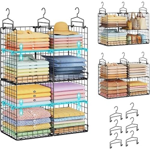 Hanging Closet Organizer with DIY Spacing, Double-Row Closet Hanging Shelves with 4 Adjustable Dividers & 6 Hooks, Heavy Duty Metal Closet Storage Organizer with Front Guard, Split into 2 Units