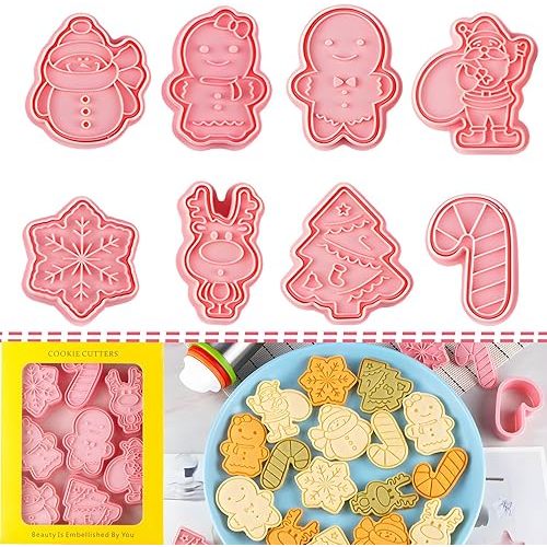 BESEK Christmas Cookie Cutters Set: 8 Pcs Christmas Embossing Cookie Cutters for Biscuit Fondant Cheese Baking, Snowman, Gingerbread Man, Snowflake, Christmas Tree