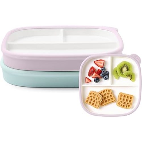 Ello Clean Start Toddler Breakfast Plate 2 Pack | BPA-Free Ceramic Plates with Divider & Silicone Sleeve for Babies/Toddlers| Microwave & Dishwasher Safe | High Chair Friendly | Dewdrop/Sugarplum