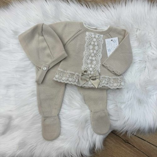 C9022 Beige knitted Trouser Set with Lace Detail - Trendy Tots Baby Boutique