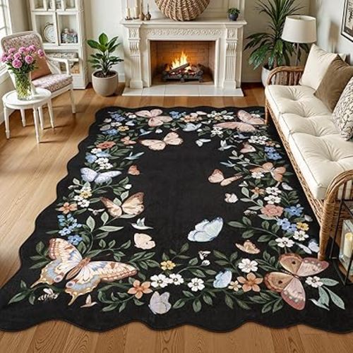 Anidaroel Butterfly Area Rug for Living Room, 5x7 Washable Black Floral Rug Non-Slip Soft Bedroom Rug Aesthetic, Ultra-Thin Stain Resistant Boho Throw Carpet for Dorm Nursery Office