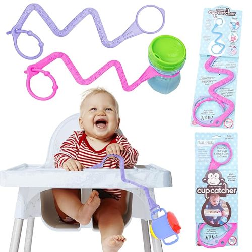 Brilli Baby Cup Catcher Patented Safety Tether Strap, Attach Sippy Cups, Bottles, Pacifiers & More to Stroller, High Chair, Car Seat, Made in USA, Food Grade, Dishwasher Safe (Lavender & Pink)