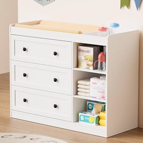 Changing Table with 3 Large Drawers for Nursery, Wood, White