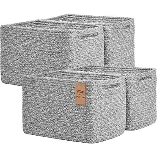 Storage Baskets for Organizing, 4 Pack Baskets for Shelves, Decorative Storage Bins for Shelves, Cotton Rope Storage Basket with Handles, Woven Basket for Storage, 13''Lx8.7''Wx7.9''H, Gray