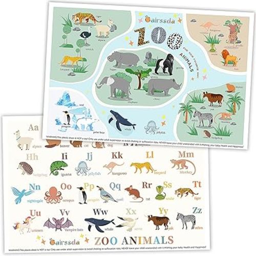 Trendy-Vivid Disposable Placemats for Baby, 2 Adorable Designs (Cute Animals & Alphabet) 40 pk Kids Placemats, Baby Table Mat for Restaurants, Travel & Restaurants | Mess-Free Portable Table Protector