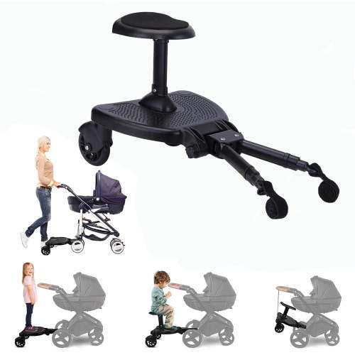 Universal Stroller Board with Detachable Seat Holds, 2 in1 Sit and Stand Stroller Glider Board for Most Strollers, Holds Children Up to 55LBs Stroller Standing Board, Black