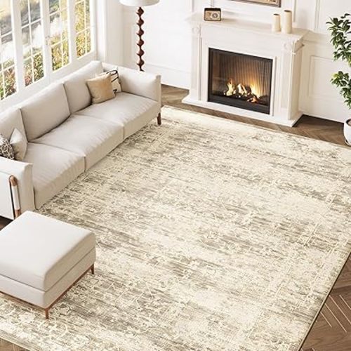 8x10 Washable Area Rugs for Living Room, Neutral Boho Rugs for Bedroom, Vintage Large Soft Faux Wool Carpet for Nursery, Playroom, Dorm, Office, Dinning Room, Non Slip, Beige, Cream