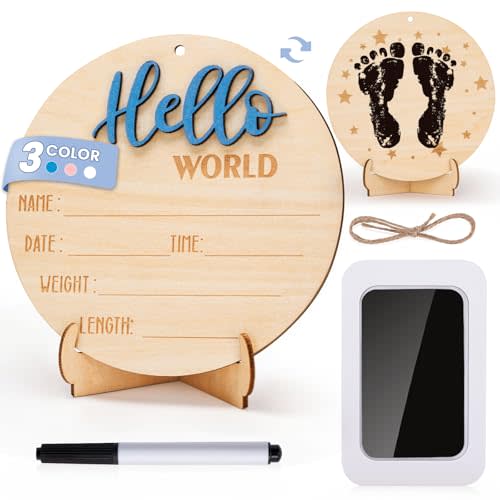 Baby Hello World Announcement Sign: Wooden Blue Baby Newborn Signs for Hospital with Footprint - Birth Round Board for Welcome New Boy Nursery Gifts