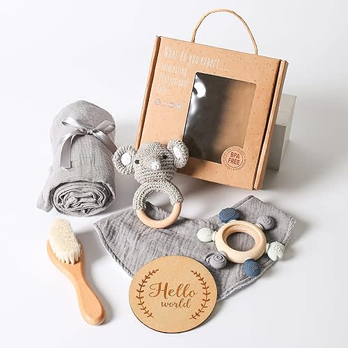 YOUUYS Baby Gift Set for Newborn - Baby Essential Bath Basket Gift Set with Baby Blanket Baby Rattle Teether Toy & Hair Brush Newborn Shower Gift for Baby Girls Boys 6PCS (Elephant)