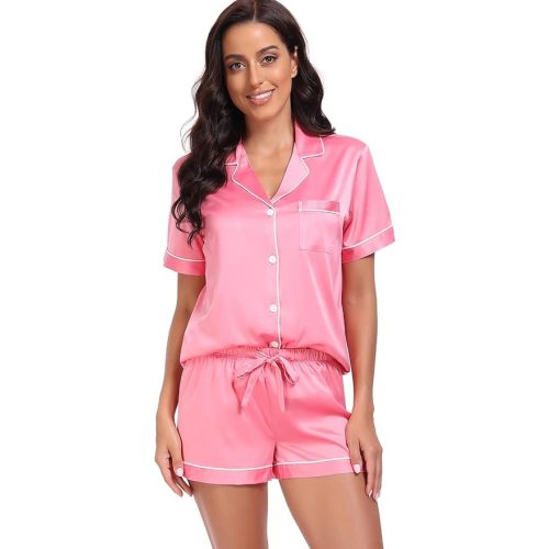 Women's Satin Pajama Set 2-Piece Sleepwear Loungewear Button Down Short Sleeve Silky PJ Set