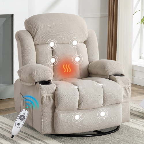 Swivel Rocker Recliner for Adults, LEGAHOME 24.4in Glider Rocking Chair for Nursery, Manual Rocking Chair with Massage and Heat for Adults, Living Room Massage Recliner Sofa with Cup Holder, Beige