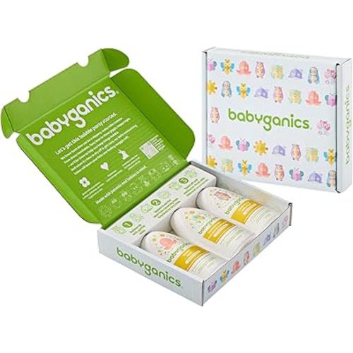 Babyganics Bath Time Giftset, Bubble Bath, Squeeze Foam Shampoo + Body Wash, Moisturizing Daily Lotion in Chamomile Verbena