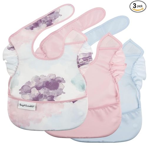 Tiny Twinkle Mess-Proof Baby Bibs for Eating | Waterproof, Wipeable Toddler Bibs with Catch-All Pocket | Feeding Bibs for Girls & Boys(3 Pack,Cotton Candy)