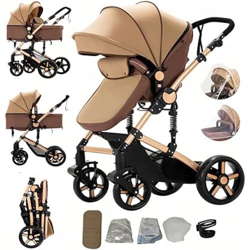 2 in 1 Baby Stroller with Bassinet Mode, Reversible Infant Pram, One-Click Folding, Newborn Travel Stroller, Convertible Toddler Standard Pram Carriage (2US588-KHAKI)