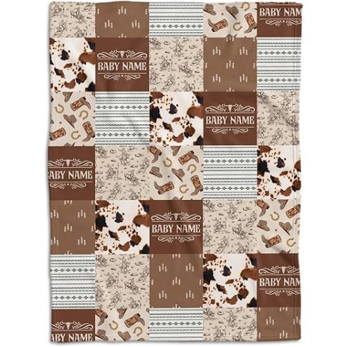 Western Baby Stuff, Personalized Baby Blankets for Boys Girls, Baby Western Blanket for Girl, Custom Name Baby Blanket, Western Nursery Decorations, for Family Friends (Western-03)