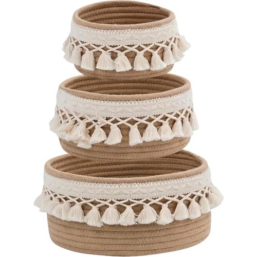3 Pack Woven Basket,Macrame Makeup Basket,Boho Vanity Cosmetics Desk Storage Baskets,Natural Cotton Rope Pantry Table Organizer Bins for Bedroom Living Room Bathroom School Shelves Office Desk