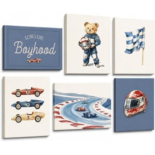 Set of 6 Nursery Race Car Canvas Wall Art Vintage Boys Room Wall Decor Navy Blue Vehicle Pictures Teddy Bear Poster Prints Racing Car Art for Boys Bedroom Playroom Home Decoration 8x10Inch