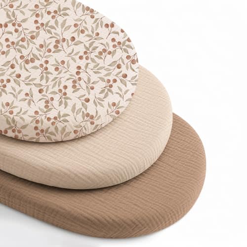Niceye Muslin Bassinet Sheets 3-Pack for Hourglass Bassinets, 32" x 16" | 100% Cotton, Soft & Breathable, Full Elastic Fit, for Halo Bassinest Swivel Sleeper, Graco, Snoo, Baby Girl Boy (Brown)