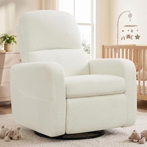 Swivel Rocker Recliner, Oversized Boucle Glider Recliner Nursery, Teddy Manual Swivel Rocking Reclining Chairs with Removable Cushion and Lumbar Support for Nursery Living Room Bedroom, White
