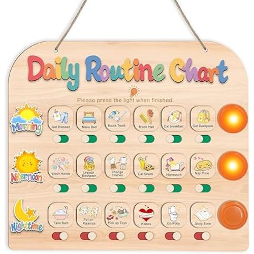 Daily Routine Chart for Toddlers, 3 in 1 Morning Bedtime Checklist Chart to Do List w/ 3 Tap Lights & 18 Task Planning, Sliding Wooden Visual Schedule Board for Kids, Autism, ADHD, Planners