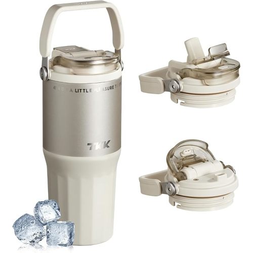 TKK 24 oz Ceramic Coated Tumbler with Straw Lid, 18/10 Stainless Steel Vacuum Leakproof Double Walled Car Cup with Handle & Tea Infuser& Dishwasher Safe, for Hot & Cold Drinks,Porcelain White