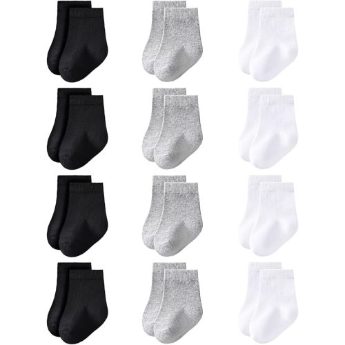 LO SHOKIM Baby Crew Socks 0-3 Months Newborn Infant Cotton Black White Dress Socks Baby Boys Girls Preemie Sock 12 Pairs