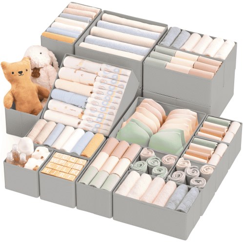 Criusia 20 Pack Drawer Organizers for Clothes, Foldable Fabric Closet Organizers and Drawer Dividers for Clothing, Baby Clothes, Socks, Underwear & Accessories, Gray