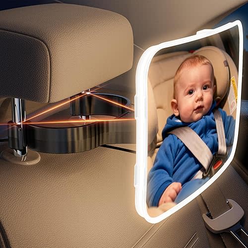 Baby Car Mirror with Light 2026 Upgraded USB-Power Car Seat Mirror for Baby Rear Facing Stable Hook Clip 86 Warm LEDs 360° ShatterProof Crystal Clear for Night Travel Newborn Essentials Accessories