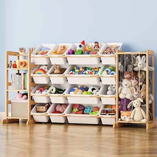 Toy Storage Organizer with Bookshelf and Stuffed Animal Storage - Playroom Organization with Shelves and 12 Bins - Living Room Box for Lego - Bedroom Decor Essential