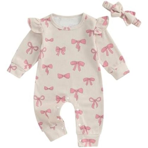 Mandizy Fall Baby Girl Clothes Ruffle Long Sleeve Romper Waffle Knit One Piece Jumpsuit Outfit with Bow Headband
