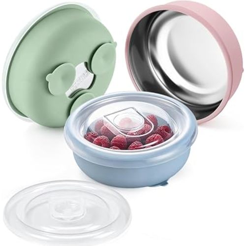 P&P CHEF 3 Pack Baby Bowls with Suction & Lids, 400 ML (Blue+Green+Pink)