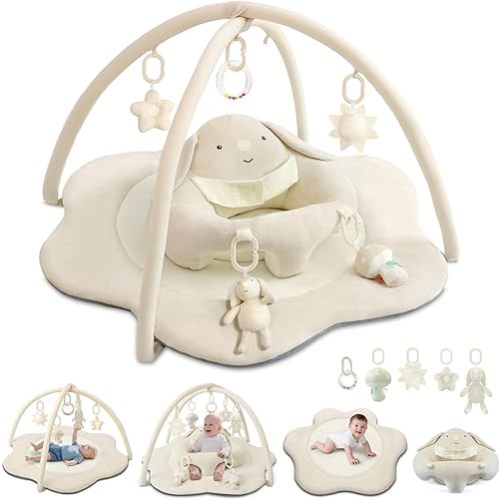 Baby Gym Play Mat with Seat, Sit Me Up Floor Seat for Baby, Tummy Time Mat with 5 Detachable Toys, Baby Activity Mat for Babies 0-6 6-12 Months, Newborn Baby Shower Gifts