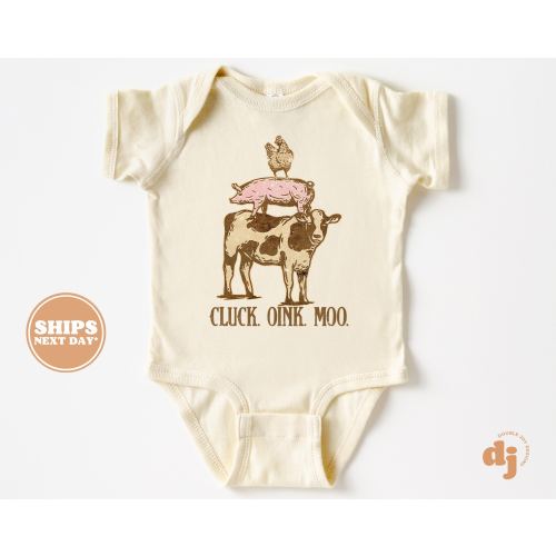 Baby Bodysuit - Cluck Oink Moo Bodysuit - Cute Farm Animal Cow Baby Retro Natural Baby Bodysuit #5706
