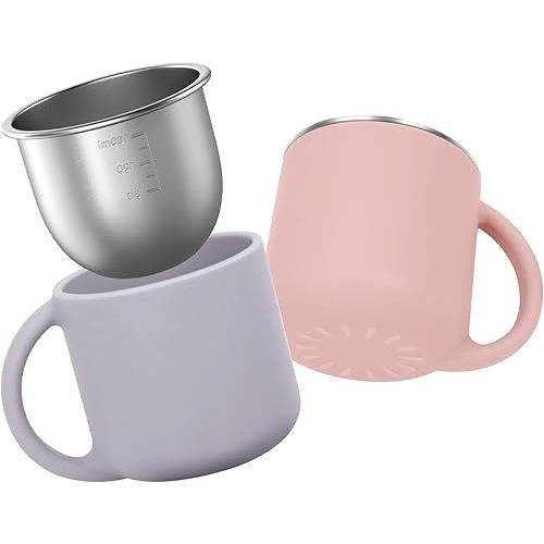 Bakpoco 2-IN-1 Open Toddler Cups, Stainless Steel Baby Cup + Silicone Training Cup for Toddlers Kids Babys Drinking Water, No Plastic | No Soap Smell | Shock-Proof, 2-Pack Blush/Lilac