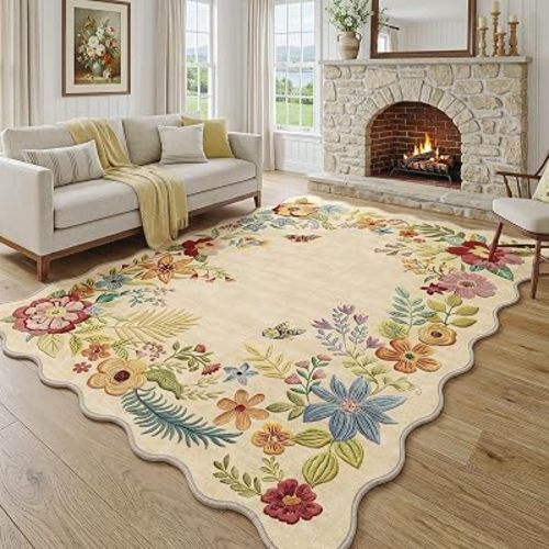 FMFUNCTEX 5x7 Washable Beige Floral Boho Scalloped Area Rug for Living Room