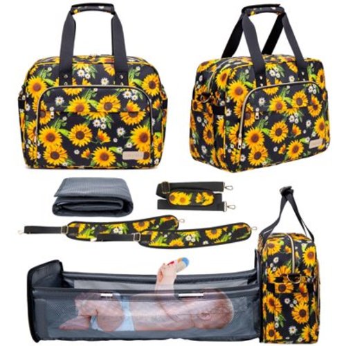 Diaper Bag Backpack, Multifunction Waterproof Travel Backpack with Foldable Crib, Insulated Milk Bottle Pocket & USB Charging Port & Stroller Strap, Sunflower