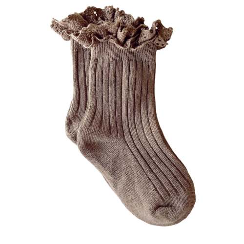 Lace Trim Ribbed Socks, Clay