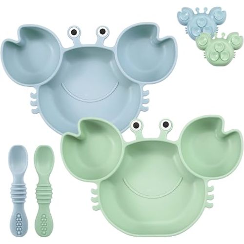 PandaEar 2 Pack Silicone Suction Plate for Baby, Divided Unbreakable Toddler Food Plate with 2 Pack Spoons for Self Feeding, Toddler Utensils Feeding Set Baby Eating Supplies, Crab Shape -Blue&Green