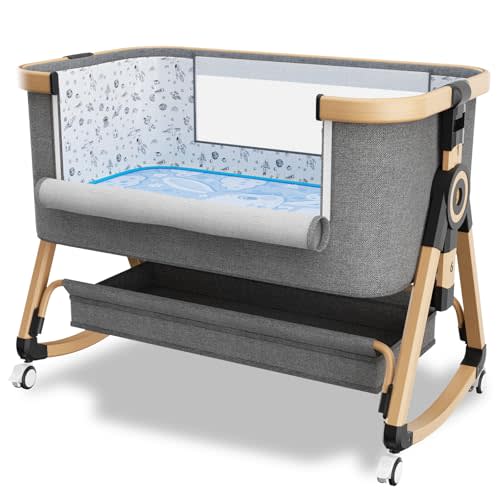 whiffee 3 in 1 Baby Bassinet,Bedside Sleeper with Storage Basket and Wheels,Portable Baby Crib with Mosquito Net, 6 Adjustable Height & Breathable Mesh,Easy to Fold (Brown&Black)