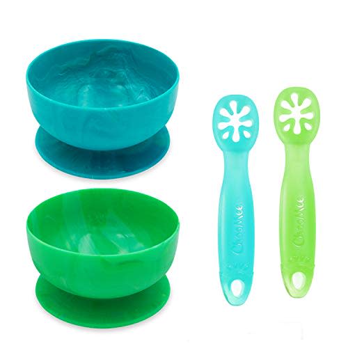 ChooMee Baby Suction Bowls & FlexiDip Learning Utensil Set, 4 CT Small, Aqua Green