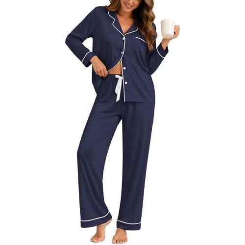 ZMJ Womens Pajamas Sets 2 Piece Long Sleeve and Pant Pj Sets Button Up Sleepwear