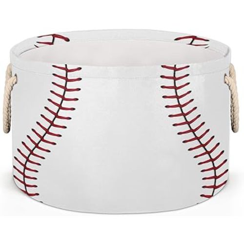 Pardick Large Round Storage Basket Red Stitching Baseball Collapsible Circle Storage Bin Laundry Hamper With Handle for Kids Toy Blanket Dirty Clothes Towel Living Room Nursery Storage Organizer