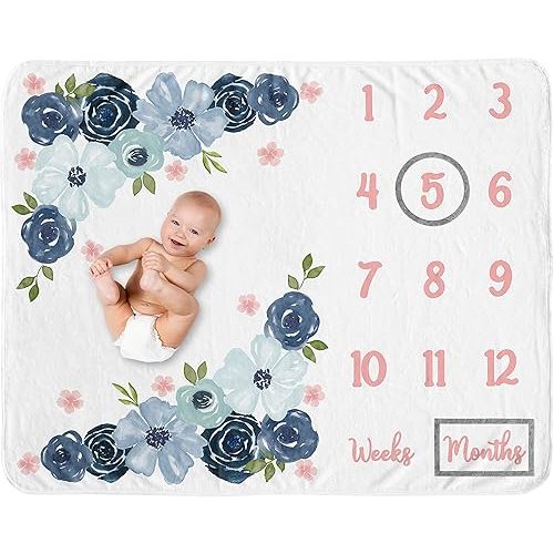 Sweet Jojo Designs Watercolor Floral Girl Milestone Blanket Monthly Newborn First Year Growth Mat Baby Shower Memory Keepsake Gift Picture - Navy Blue and Blush Pink Boho Shabby Chic Rose Flower